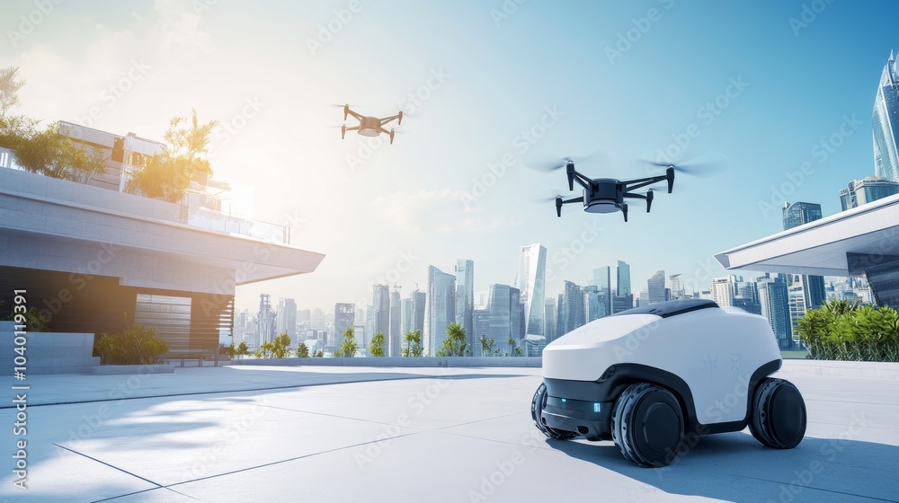 Poster A robot interacting with autonomous delivery drones in a futuristic urban environment, clean and innovative setting, Delivery-tech style