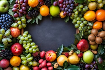 Fresh fruit border framing dark background with copy space