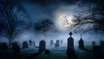 a dark foggy halloween night scene with an eerie full moon casting shadows over a desolate graveyard where tombstones and twisted trees stand ominously