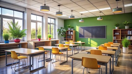 Modern Classroom with Spotless Blackboard and Ergonomic Furniture in Low Light Photography