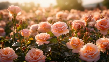 a field of delicate peach colored roses in full bloom their velvety petals unfurling in the warm sunlight creating a vibrant tapestry of color and fragrance