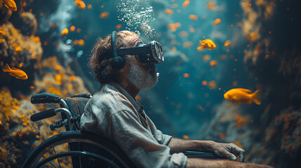 an adult wearing virtual reality glasses underwater a lost world a lived life feeling joy imagination