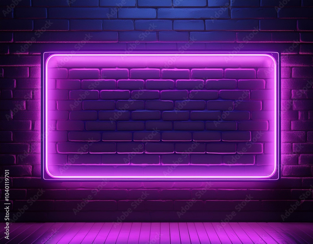 Canvas Prints a glowing neon frame with purple light on dark brick wall background 3d rendering asymmetrical compo