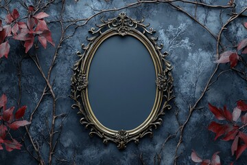 Ornate oval frame hanging on a textured wall with dried branches and leaves