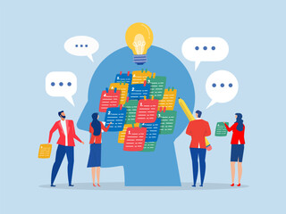 Share Idea Meeting or Brainstorm New Idea, Training Course Class, Q and A, Question and Answer Chat, Business People in Workshop Meeting Room and Sticky Notes