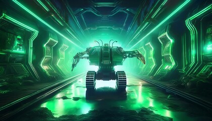 a mining robot extracting resources guided by neon green holograms of ore rich areas in a sci fi tunnel