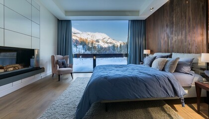 a modern bedroom with a large window overlooking a snowy mountain range the room features a king size bed with a blue duvet a fireplace a chair and a rug