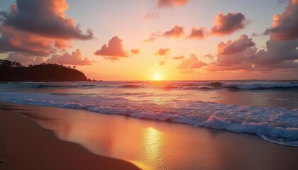 Fototapeta premium Sunsets golden glow meets the oceans embrace