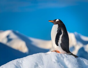 Naklejka premium a penguin perched atop snowy mound adjacent to blue skyline and distant mountain