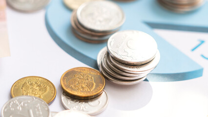 A pile of coins on a blue surface with a pie chart in the background. The coins are of different sizes and colors, and the pie chart is in the background