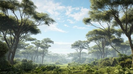 African forest with tall trees and a clear sky above, leaving room for copy