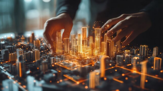 Businessman touching a digital cityscape with smart technology and internet of things icons on a virtual screen, representing a real estate business concept