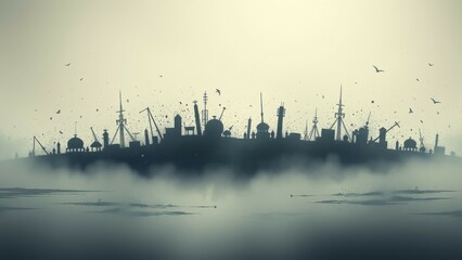 Silhouetted city skyline in fog