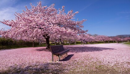 a tree brimming with pink blossoms stands beside a park bench amidst a sea of pink flowers