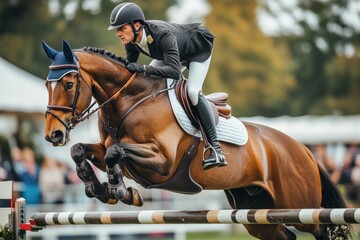 Equestrian show jumping horse and rider clearing fence in competition