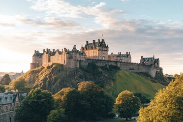Majestic edinburgh castle at sunset with lush greenery and dramatic sky