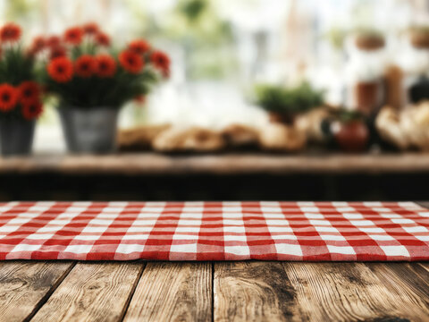 Empty table with red checkered tablecloth over blurred background, for product display montage