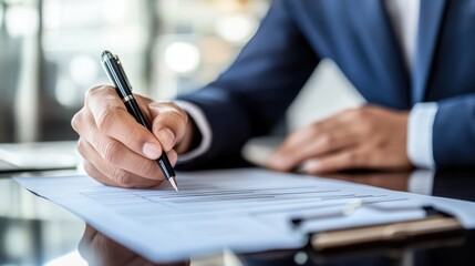 Fototapeta premium Businessman using pen to tick correct sign mark in checkbox for quality document control checklist and business approve project concept.
