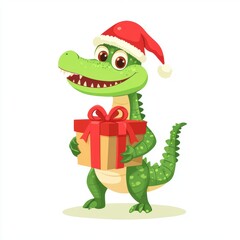 Cute alligator wearing Christmas cap holding a gift box isolated over white background.