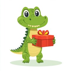 Fototapeta premium Cute alligator holding a gift box isolated over white background.