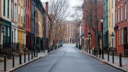 Fototapeta premium Charming empty street with colorful row houses on an overcast day