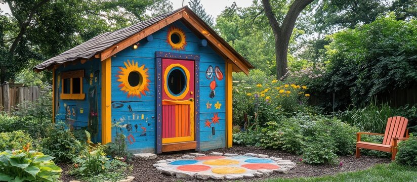 A colorful, whimsical playhouse in a lush backyard with a stone patio and a red chair.
