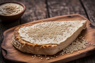 A golden slice of turkish tahini helva served on a rustic wooden plate with sesame seeds sprinkled, Ai Generated