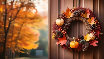 an image of a rustic autumnal wreath hanging on a wooden door decorated with fall leaves berries pinecones and small pumpkins