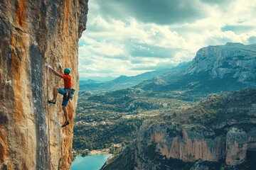 Young man rock climbing high above valley floor with cloudy sky