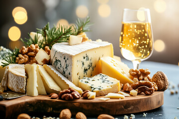 A beautifully arranged cheese board with assorted cheeses, nuts, and a glass of wine, perfect for an evening gathering - Powered by Adobe