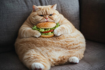 A plump ginger cat sits on a couch, gripping a large burger with both paws, humorously blending themes of laziness and indulgence.