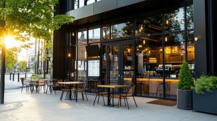 Cozy modern cafe exterior with outdoor seating in urban setting at sunset