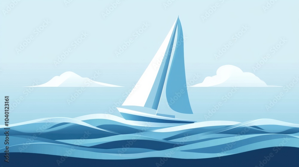 Poster a sleek sailboat navigates minimal waves under a serene blue sky, creating a sense of peace and tran