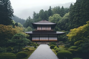 Serene japanese zen temple amidst lush greenery under misty forest canopy