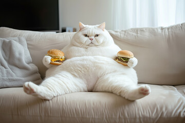 A large white cat lounges on a couch, holding two burgers, humorously portraying indulgence, laziness, and a carefree attitude.