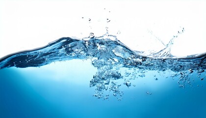 blue water surface with splash and air bubbles on white backgtround