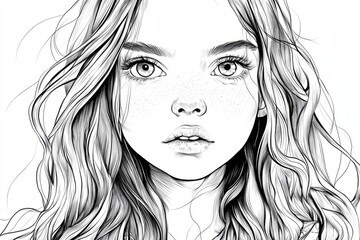 Fototapeta premium Portrait of a girl looking up drawn with black lines on white background