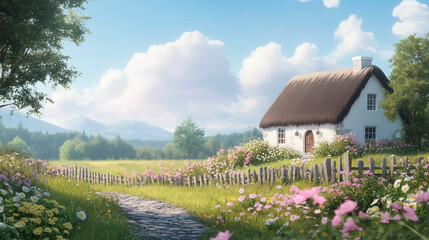 Obraz premium A white house with a thatched roof sits on a hillside next to a path. The house is surrounded by a lush green field of flowers, including daisies. Concept of tranquility and peacefulness 