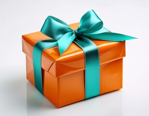 Obraz premium bright orange gift box with a glossy finish and a turquoise ribbon perfectly aligned isolated on a white background