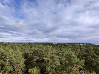 Panorama of the Gulf of Finland and the Islands. Northern nature. Finnish nature, Baltic Sea, trees view from the height