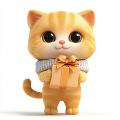 3D rendering cute cat holding a gift box isolated over white background.
