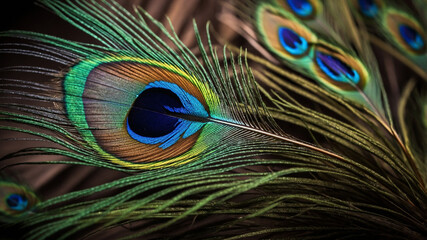 Naklejka premium Beautiful peacock feather close-up with vibrant colors and intricate patterns captured in high detail.