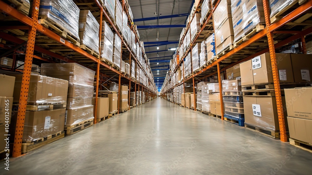 Poster Vast Warehouse Aisle with Stacked Boxes and Pallets