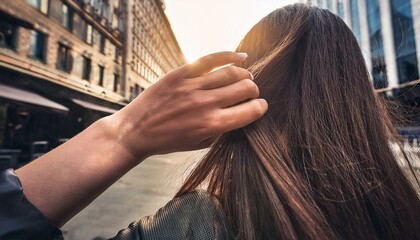 Fototapeta premium close up of a hand running through dark hair in an urban setting