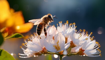 Naklejka premium close up photo of a bee hovering over a water drenched flower with a slightly blurred backdrop