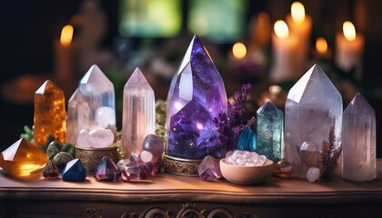 close up shot of various crystals on a wiccan witch s altar with blurred background showcasing crystal magick