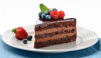 closeup of a chocolate cake slice with delicious glaze and berries on a white plate isolated on white background