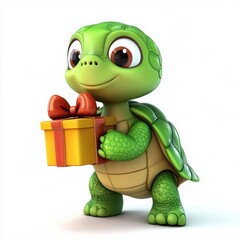Fototapeta premium 3D rendering cute tortoise holding a gift box isolated over white background.