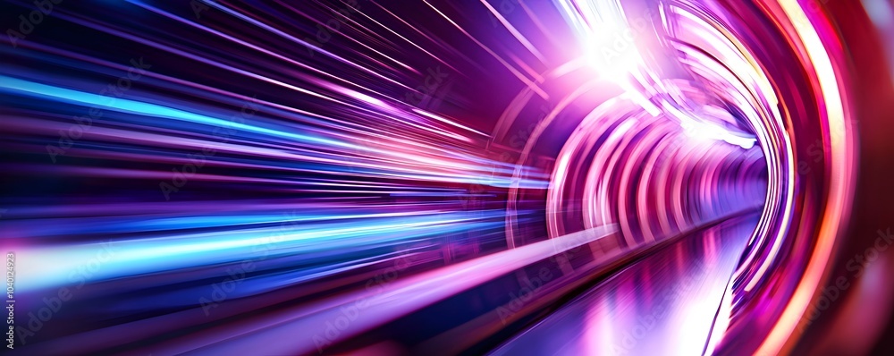 Poster endless cyberpunk tunnel - holographic display with glowing patterns and digital time reflections in