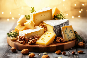 A beautifully arranged cheese board with assorted cheeses, nuts, and herbs placed elegantly on a wooden platter